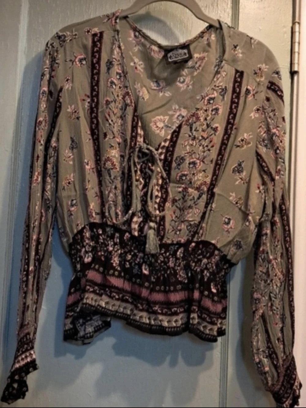 Angie Olive Floral Tie-Front Boho Blouse